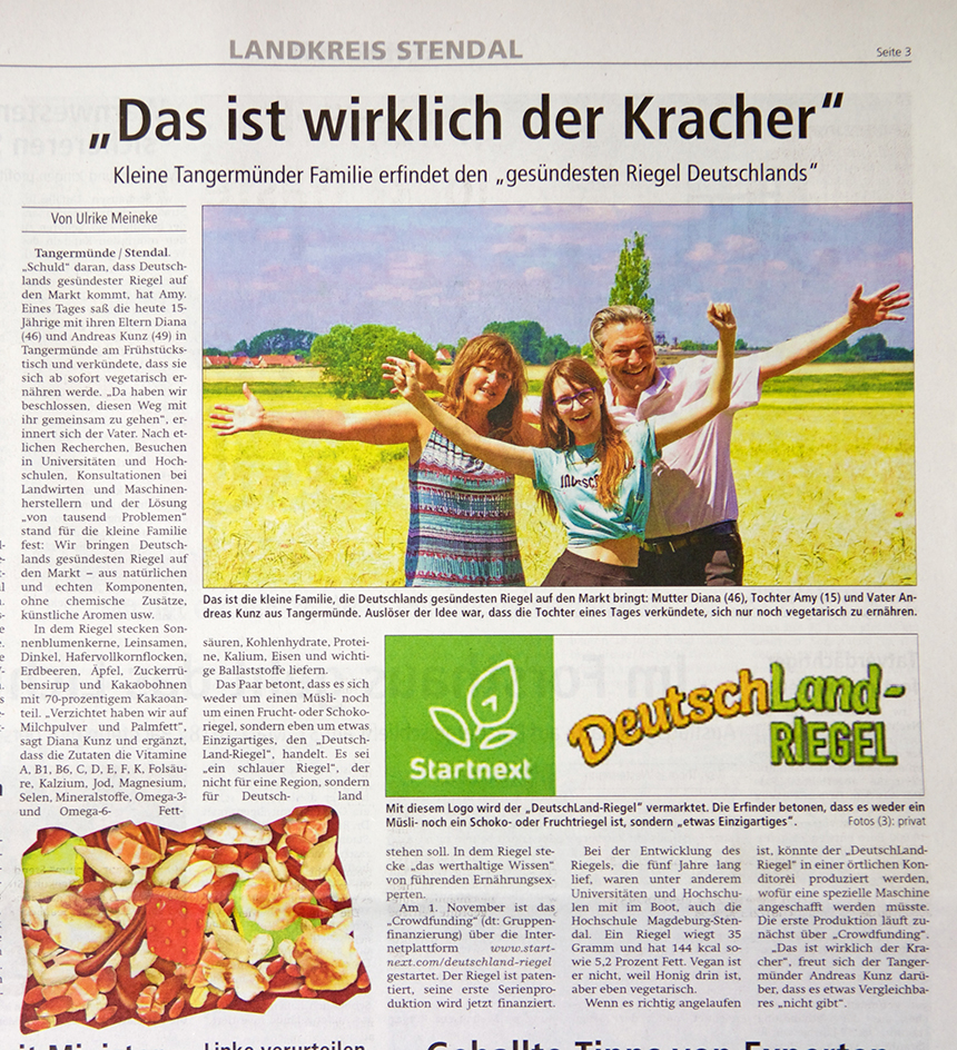 Altmark-Zeitung, Artikel, Beitrag, DeutschLand-Riegel, Crowdfunding, 4.11.2017